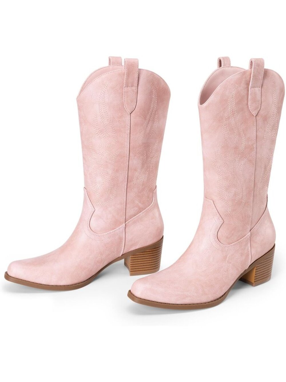 Women's Pink Faux Leather Comfort Square Toe Mid Calf Western Cowgirl Boots - Picture 5 of 6